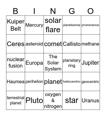 Solar System Bingo Card