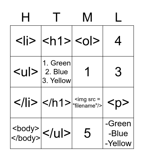 HTML  Bingo Card