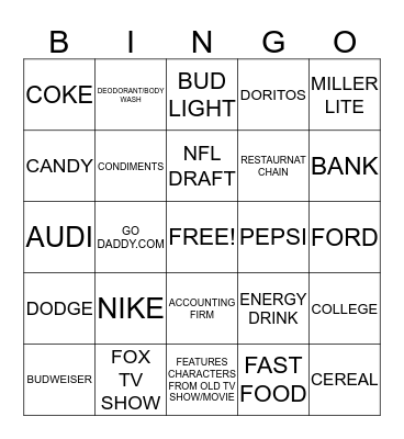 SUPER BOWL COMMERCIALS Bingo Card