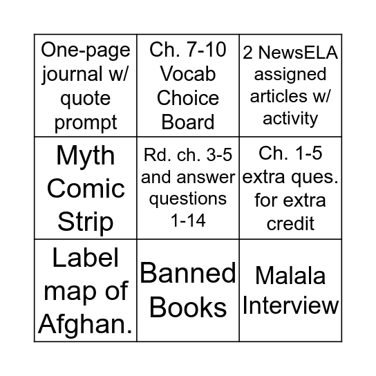 The Kite Runner Choice Board Bingo Card