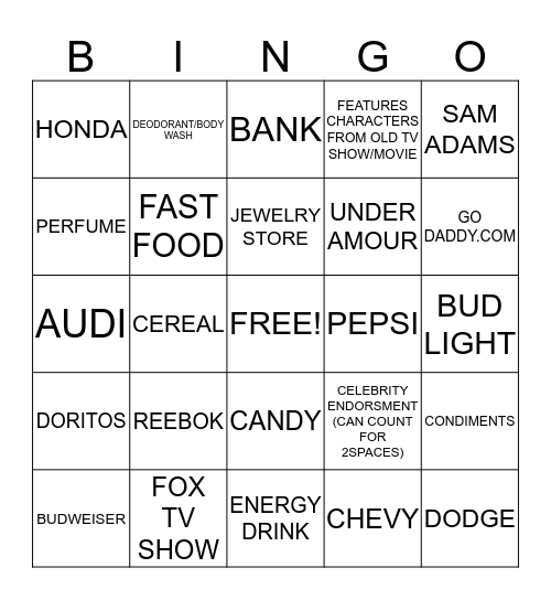 SUPER BOWL COMMERCIALS Bingo Card