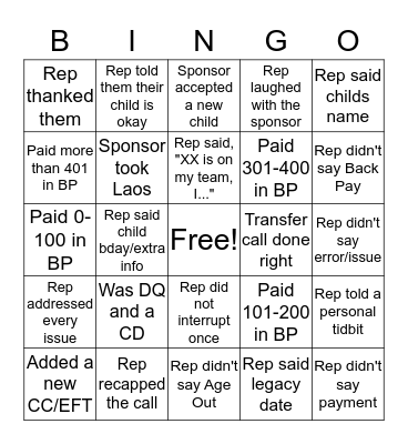 Phone Call Bingo Card