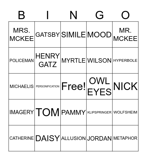 THE GREAT GATSBY Bingo Card