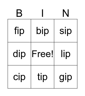ip Word Family Bingo Card