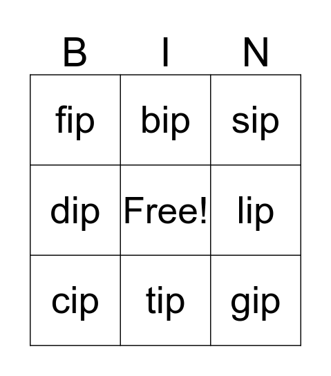 ip Word Family Bingo Card