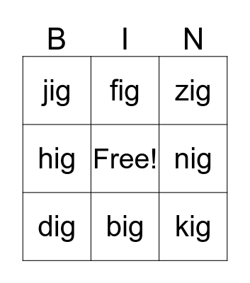 ig Word Family Bingo Card
