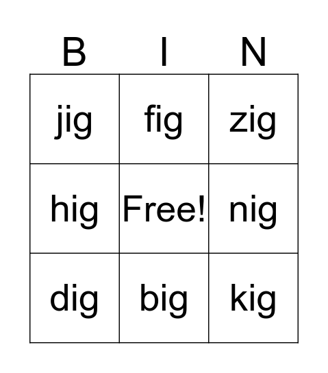 ig Word Family Bingo Card