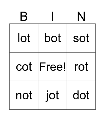 ot Word Family Bingo Card