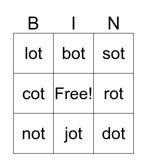 ot Word Family Bingo Card