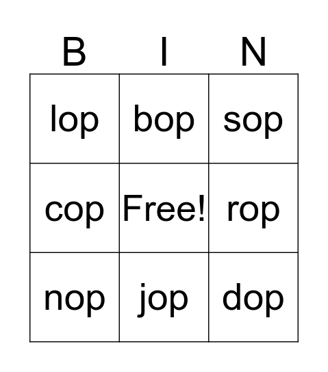 op Word Family Bingo Card
