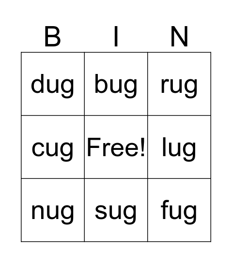 ug Word Family Bingo Card