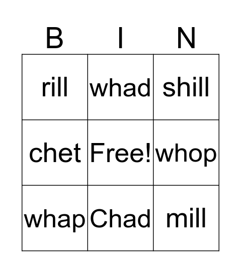ill Word Family Bingo Card