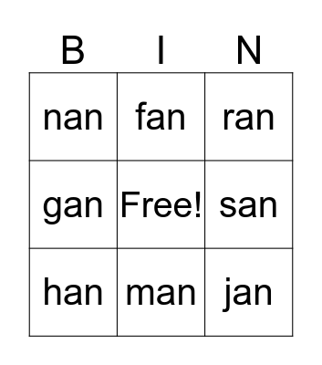 an Word Family Bingo Card