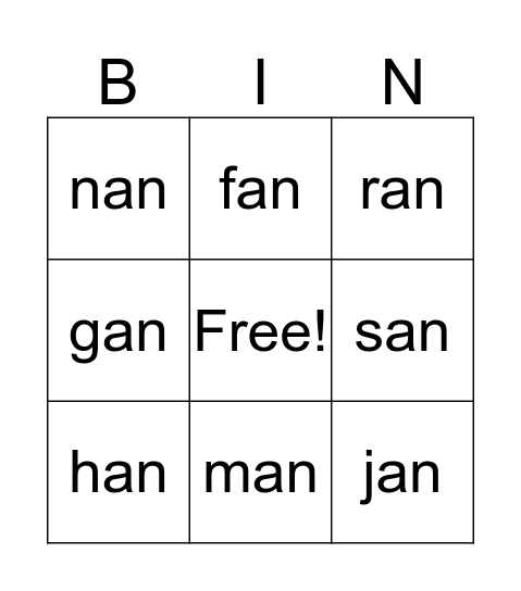 an Word Family Bingo Card