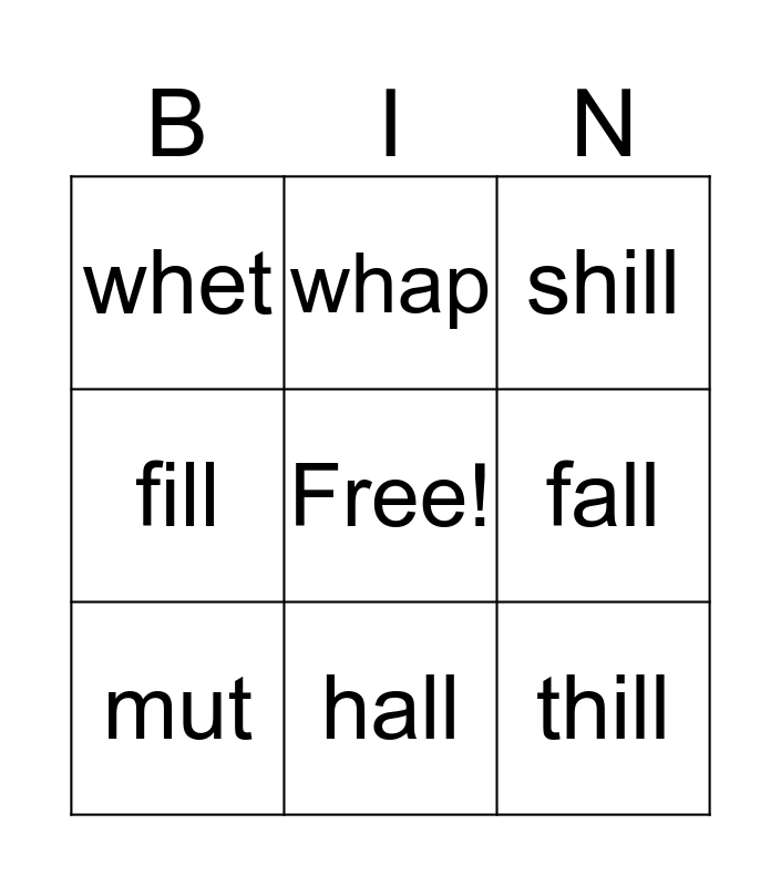 All Word Family Bingo Card