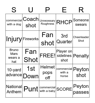 Super Bowl Bingo Card