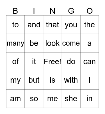 Sight Words Bingo Card