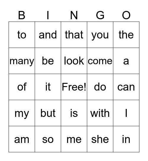 Sight Words Bingo Card