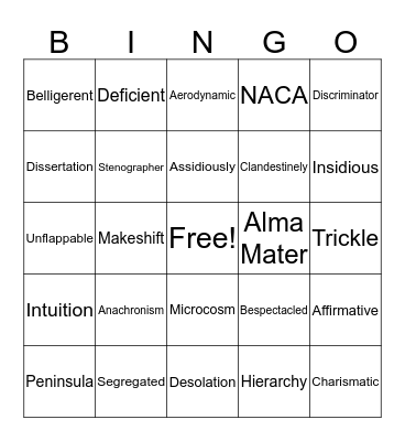 Hidden Figures Vocabulary Bingo Card