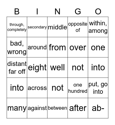 Prefixes Bingo Card