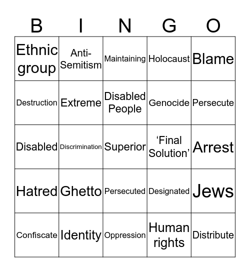 Holocaust Vocabulary Bingo Card