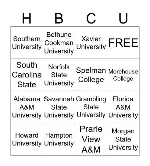 HBCU Bingo Card