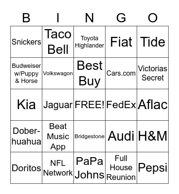 BIG GAME COMMERCIAL Bingo Card