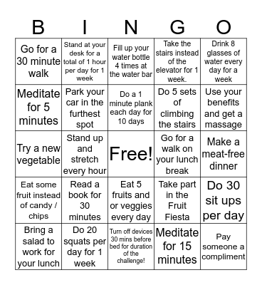 Health and Wellness BINGO Card