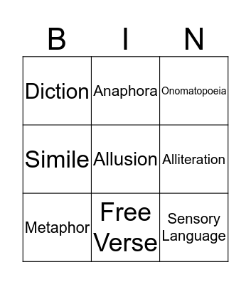 Poetry Bingo Card