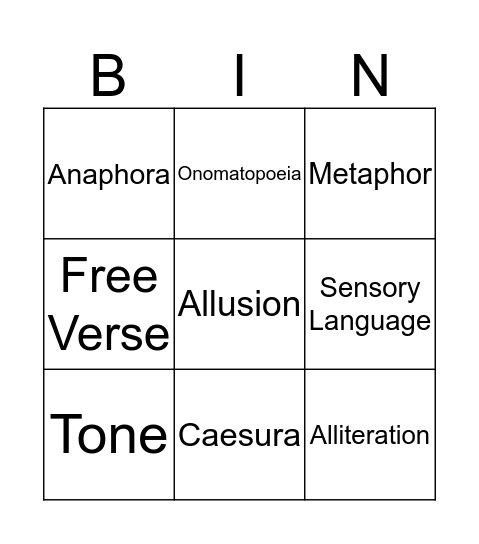 Poetry Bingo Card