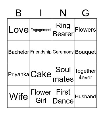 Pri' Bridal Bingo Card