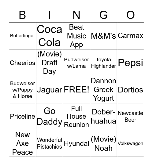 BIG GAME COMMERCIAL Bingo Card