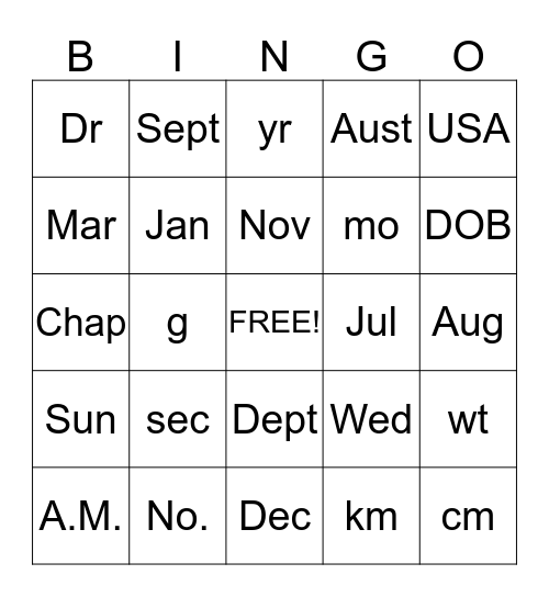 Abbreviation Bingo Card