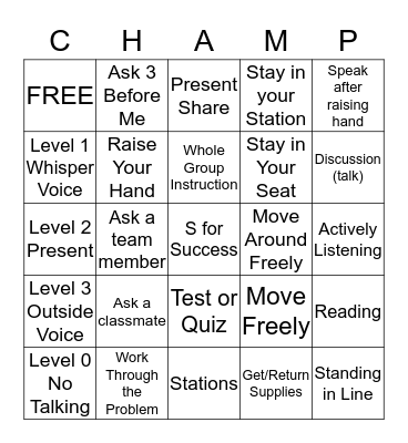 CHAMPS Bingo Card
