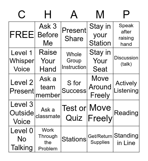 CHAMPS Bingo Card