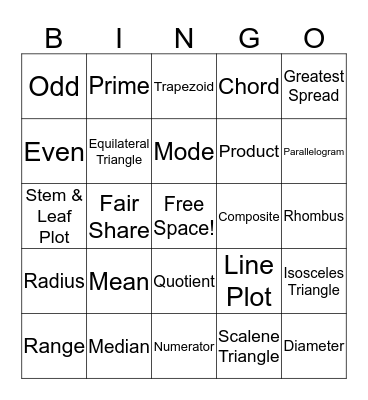 Math Vocabulary Review Bingo Card