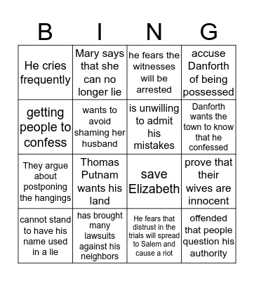 Crucible Acts 3 and 4 Bingo Card