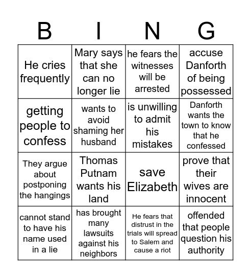 Crucible Acts 3 and 4 Bingo Card