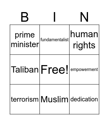 Malala Vocabulary Bingo Card