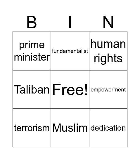 Malala Vocabulary Bingo Card