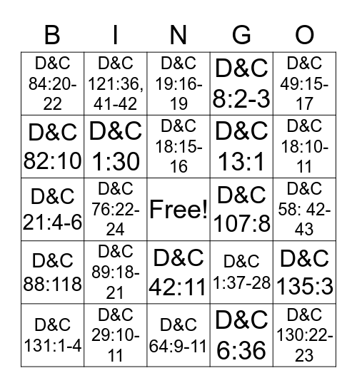 Doctrine and Covenants Doctrinal Mastery Bingo Card