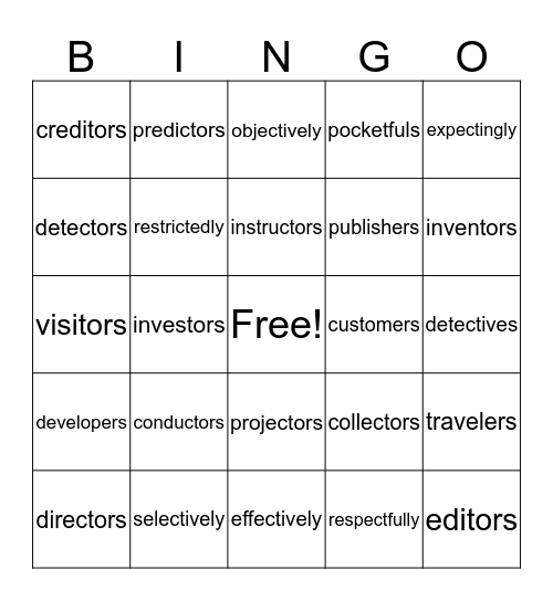 Words with 2 suffixes Bingo Card