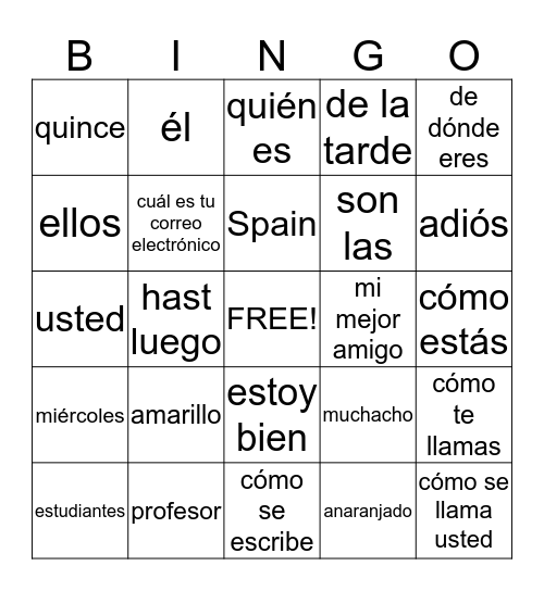 Spanish 1 Chapter 1 Bingo Card