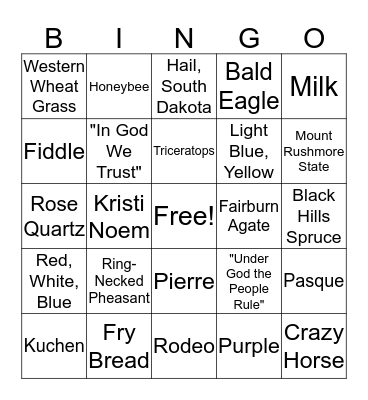 South Dakota State Symbols Bingo Card