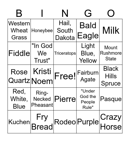 South Dakota State Symbols Bingo Card