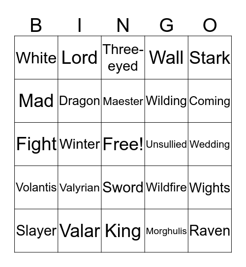 GOT Bridal Shower Bingo Card