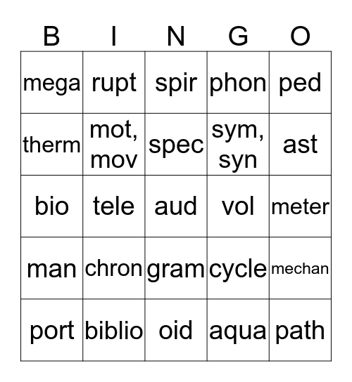 Greek/Latin Roots Bingo Card