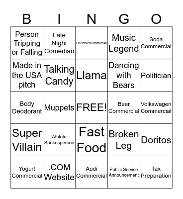 Super Bowl 2014 Commercial Bingo Card