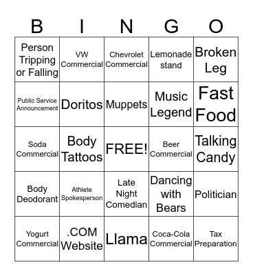 Super Bowl 2014 Commercial Bingo Card