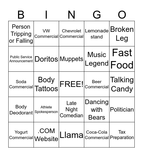 Super Bowl 2014 Commercial Bingo Card